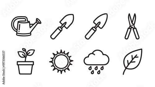 Gardening Icons Set: Tools Plant Sun Rain Leaf for Outdoor Activities
