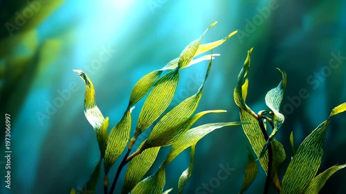 Vibrant underwater kelp forest swaying in currents