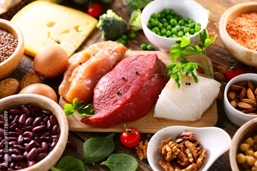 Konstfotografi Assortment of fresh raw proteins with beef, poultry, fish and plant based legumes