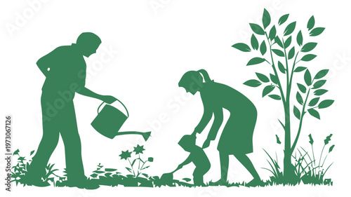 Family gardening together parents and child watering plants in green silhouette eco friendly and sustainable lifestyle
