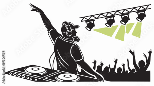 Dj performing on stage with dynamic lighting and crowd music festival atmosphere with raised hands