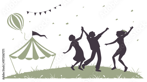 Friends dancing freely outdoors at a casual party with a tent and balloon