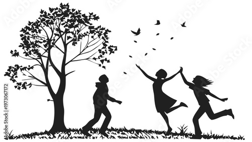 Silhouettes of carefree friends dancing freely outdoors under a tree with flying birds