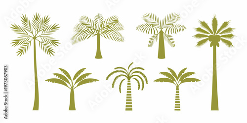 Collection of various palm tree silhouettes in shades of green
