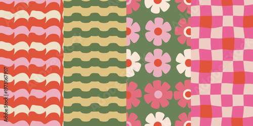Colorful repeating patterns featuring florals waves and checkered designs