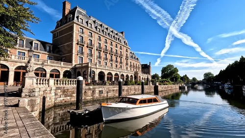 Grand classic luxury hotel building with brick facade and balconies located on a canal bank with a white vintage boat moored at the pier under a bright blue sky with vapor trails