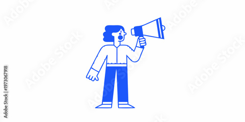 A woman with short hair announces something through a blue megaphone