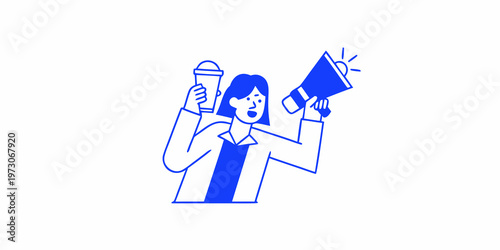 Woman announcing with a megaphone while holding a disposable coffee cup