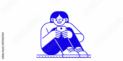 Young woman sitting and using a smartphone with a happy expression