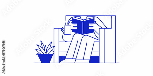 Woman reading a book and drinking coffee in a cozy minimalist setting