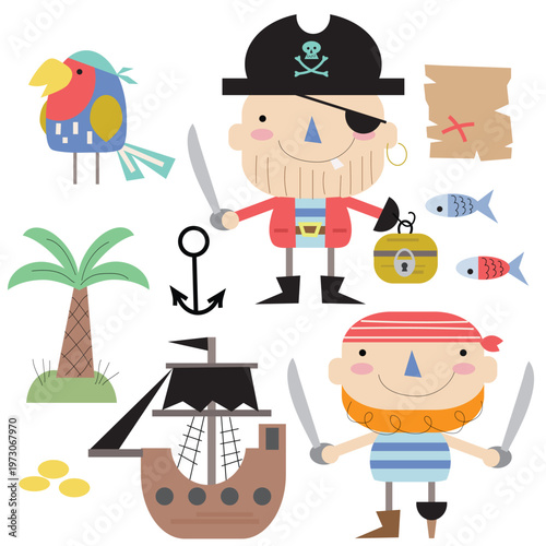Funny doodle pirate  crew vector cartoon illustration