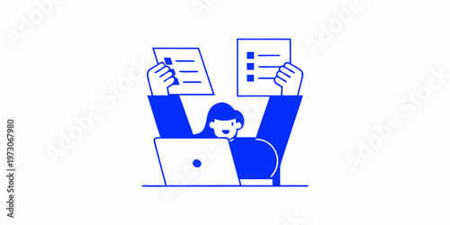 Person celebrating success with raised papers and a laptop below