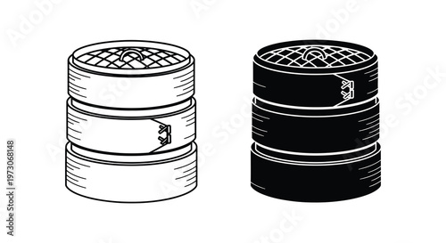 Two stacked dim sum steamers one light and one dark silhouette