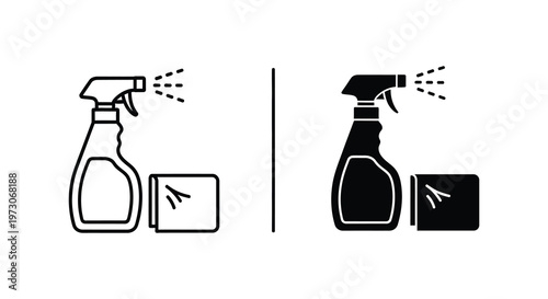 Spray bottle and cleaning cloth icons black and white contrasting styles silhouette