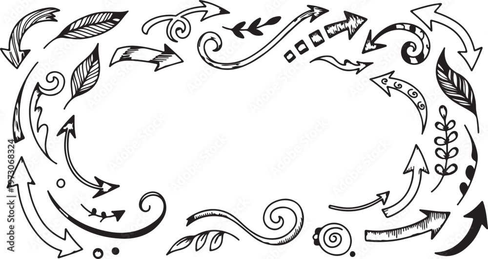 Fototapeta premium Hand drawn arrow collection, decorative sketch pointers and swirls, black ink doodle arrows with floral elements and leaves, vector set