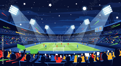 Night Football Stadium with Crowd and Floodlights, Game in Progress