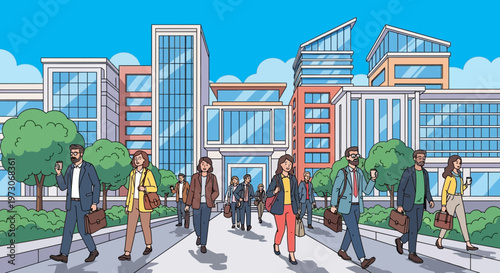Diverse business people walking in modern city with office buildings and blue sky