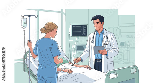 Doctor and Nurse Examining Patient in Hospital Room with IV Drip and Monitor