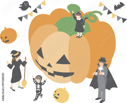 Isometric Halloween Character and Costume Illustration Set with Jack-o'-lanterns