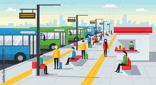 Modern Bus Station Platform with People Waiting and Buses Lined Up
