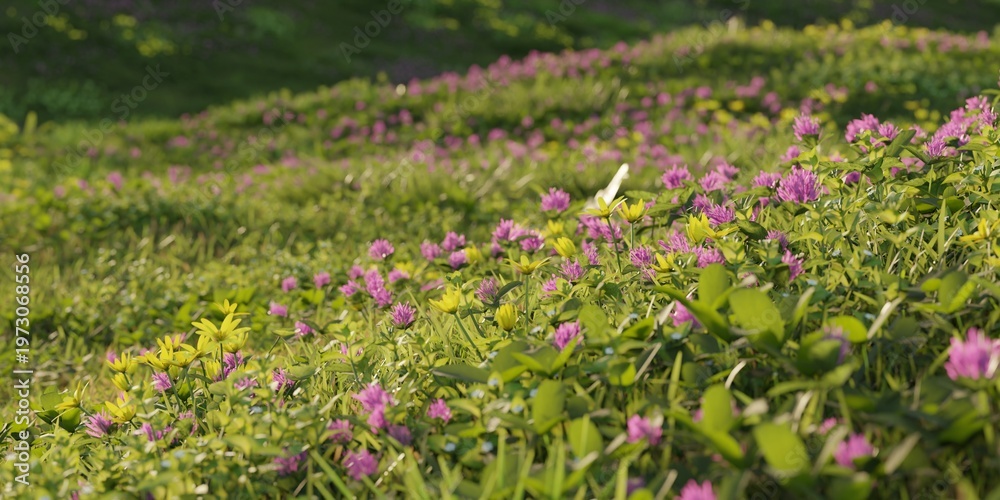 Fototapeta premium Blooming Meadow with Pink and Yellow Wildflowers in Green Grass Landscape. 3D rendering.