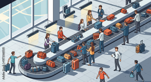 Airport Baggage Claim Conveyor Belt with Travelers Collecting Luggage