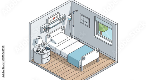 Isometric Hospital Room with Medical Equipment and Patient Bed