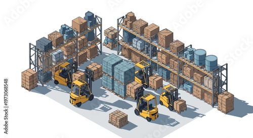 Isometric warehouse interior with forklifts, shelves, and boxes, logistics and storage concept.