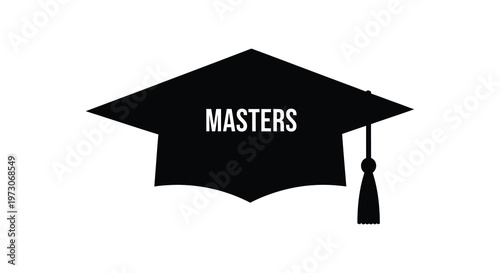 A black graduation cap with masters text a stark silhouette