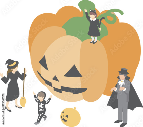Isometric Halloween Character and Costume Illustration Set with Jack-o'-lanterns