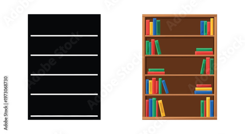 Two bookshelves displayed side by side one empty and one full silhouette