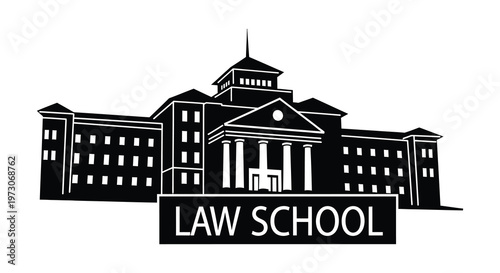Detailed black silhouette of a law school building with prominent columns silhouette