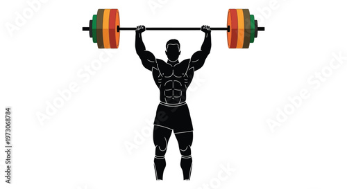 Muscular man powerfully lifting a colorful barbell overhead a striking silhouette