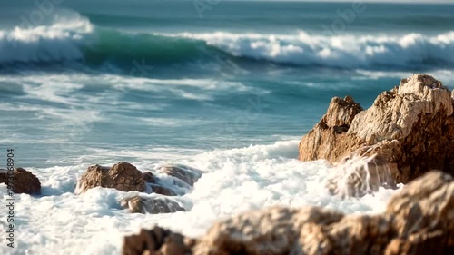 Waves Crashing on Rocky Shoreline at Sunset