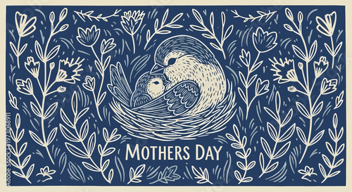 mother's day template with birds in nest, mother and child, floral, nature, love, greetings, card, celebration