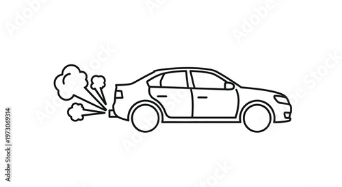 Black and white illustration of a broken down car emitting smoke