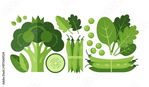 Appetising green vegetables flat vector icon collection
