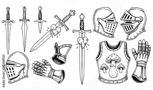 Hand-drawn medieval weapon and armor engraving vector collection