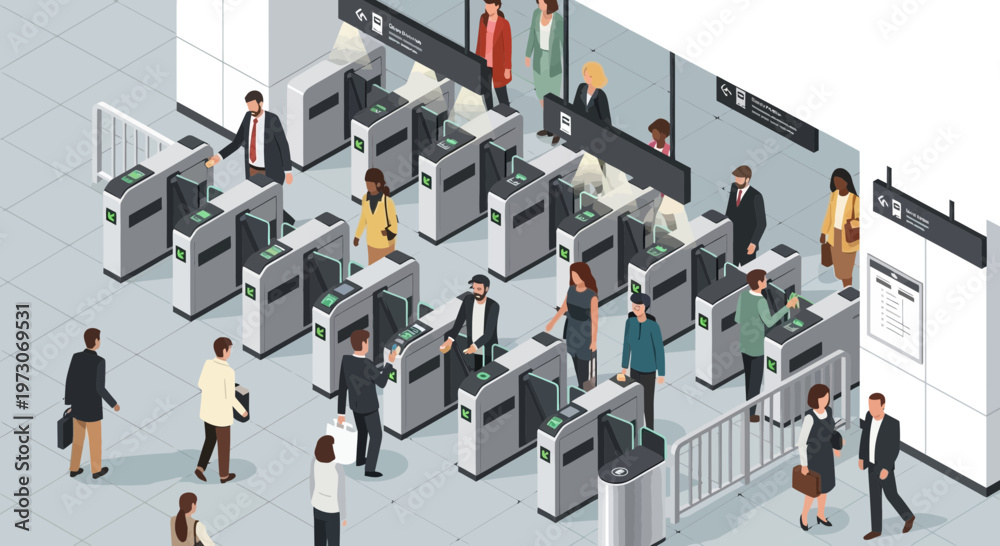 Obraz premium Diverse people passing through subway turnstiles in a modern station, public transport concept.