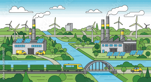 Eco-friendly industrial landscape with windmills, solar panels, and green energy production.