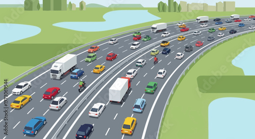 Busy highway traffic jam with cars and trucks, illustration.