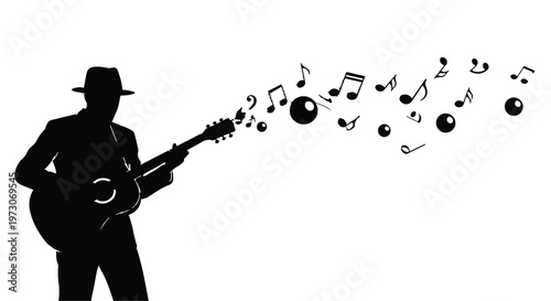 Musician's silhouette plays guitar, releasing a cascade of musical notes into the air.