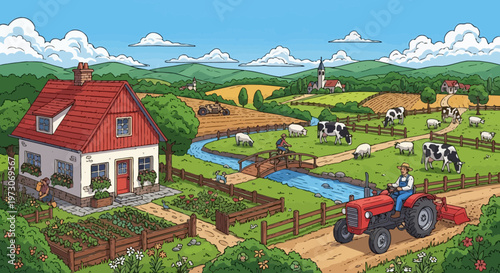 Idyllic Rural Landscape with Farmhouse, Tractor, Livestock, and Rolling Hills