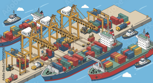 Isometric Shipping Port with Cargo Ships, Cranes, and Containers