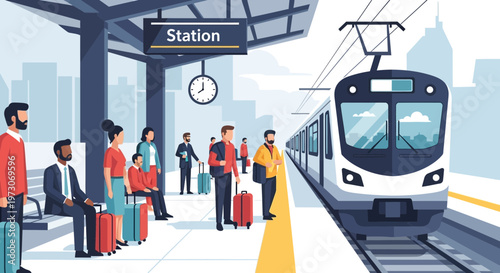 People waiting for train at station platform with modern transport arriving