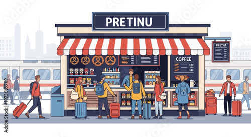 Train Station Cafe: Travelers Buying Coffee and Snacks at Pretinu Kiosk with Luggage