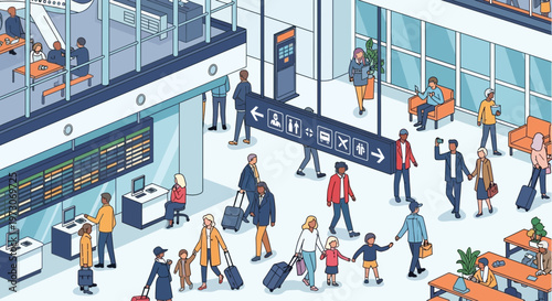 Busy airport terminal with diverse people traveling, checking screens, and waiting.