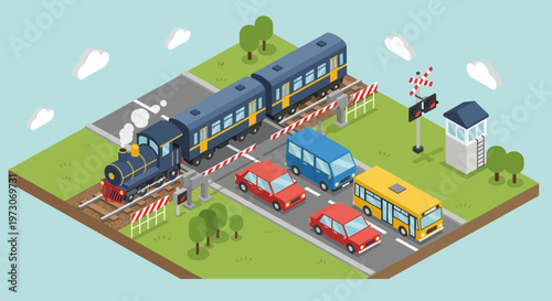 Isometric train crossing with cars and bus at rural railway intersection