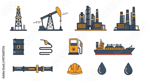 Oil and Gas Industry Elements - Rig, Pumpjack, Refinery, Tanker, and Safety Gear.