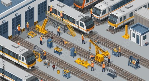 Train Maintenance Workshop: Isometric View of Railway Repair and Service
